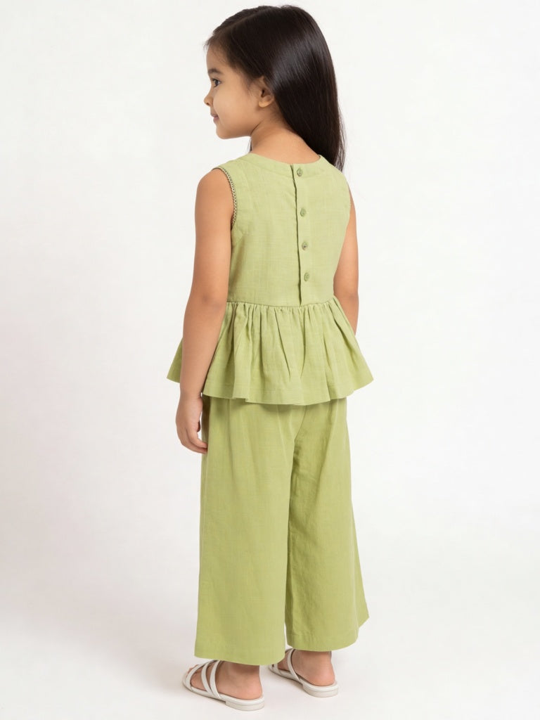 Utsa Kids Girls Light Green Embroidered Cotton Peplum Top - ( 2-8 yrs )