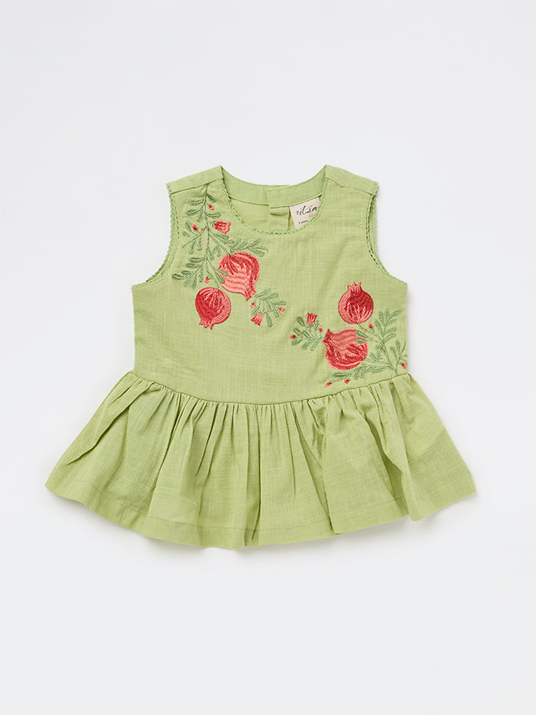 Utsa Kids Girls Light Green Embroidered Cotton Peplum Top - ( 2-8 yrs )