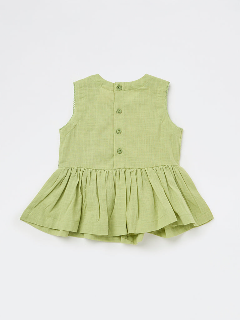 Utsa Kids Girls Light Green Embroidered Cotton Peplum Top - ( 2-8 yrs )