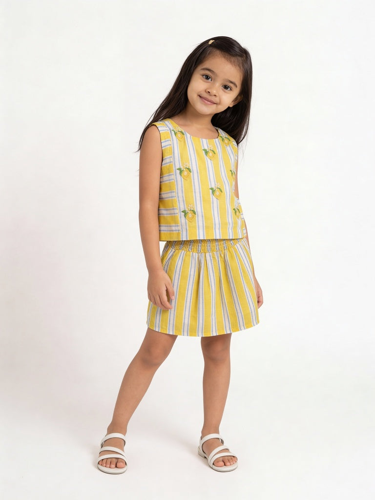 Utsa Kids Girls Yellow Striped Embroidered Cotton Top - (2-8 yrs)