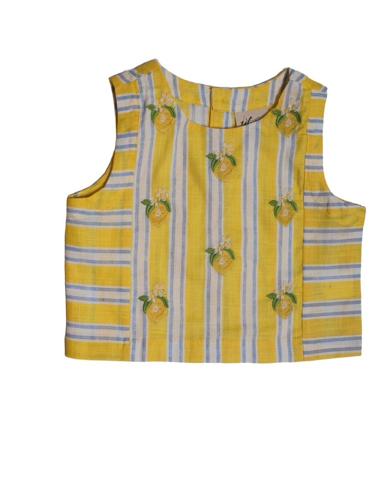 Utsa Kids Girls Yellow Striped Embroidered Cotton Top - (2-8 yrs)