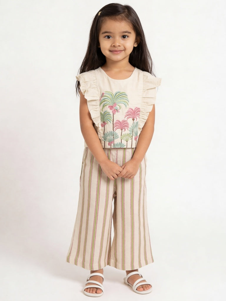 Utsa Kids Girls Off-White Embroidered Cotton-Blend Top - (2-8 yrs)