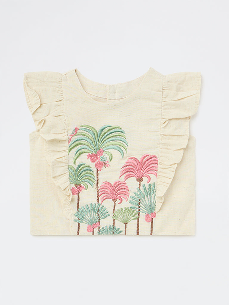 Utsa Kids Girls Off-White Embroidered Cotton-Blend Top - (2-8 yrs)