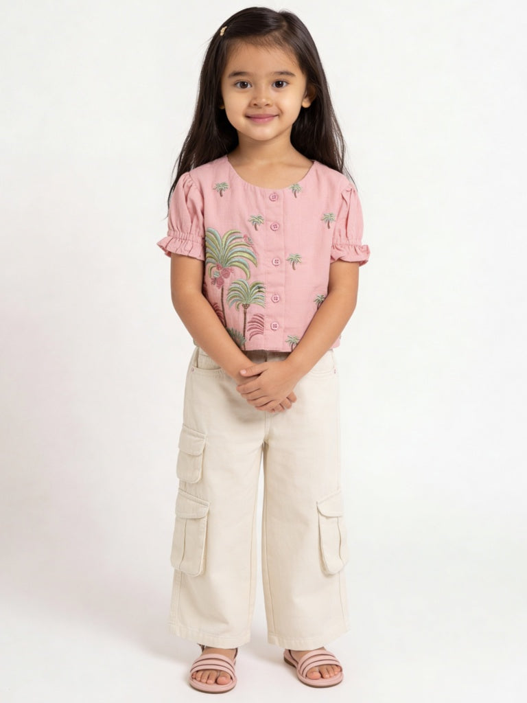Utsa Kids Girls Pink Botanical Embroidered Cotton-Blend Top - (2-8 yrs)