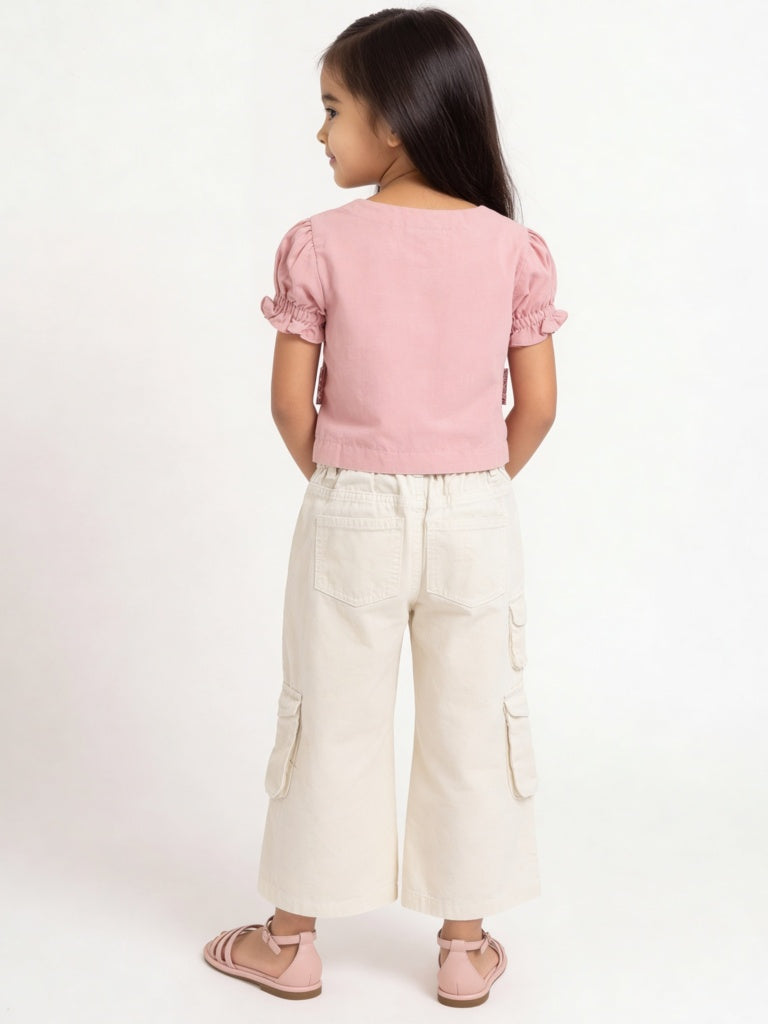 Utsa Kids Girls Pink Botanical Embroidered Cotton-Blend Top - (2-8 yrs)