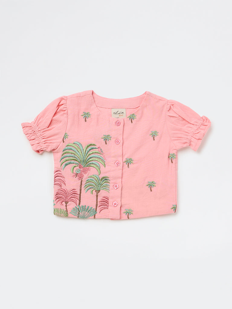 Utsa Kids Girls Pink Botanical Embroidered Cotton-Blend Top - (2-8 yrs)