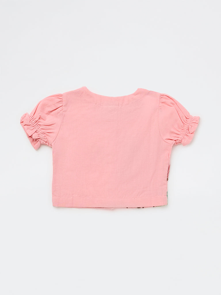 Utsa Kids Girls Pink Botanical Embroidered Cotton-Blend Top - (2-8 yrs)