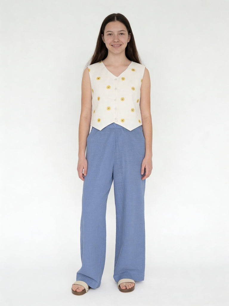 Utsa Kids Girls Blue Solid Cotton Wide-Leg Pants - (8-14 yrs)