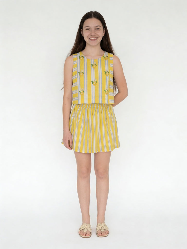 Utsa Kids Girls Yellow Striped Cotton Flared Skirt - (8-14 yrs)