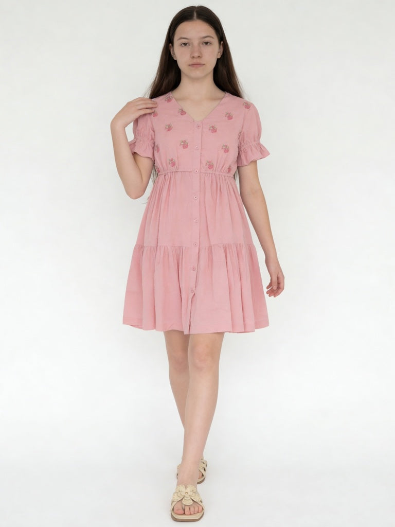 Utsa Kids Girls Pink Embroidered Cotton-Blend Tiered Dress - ( 8-14 yrs)
