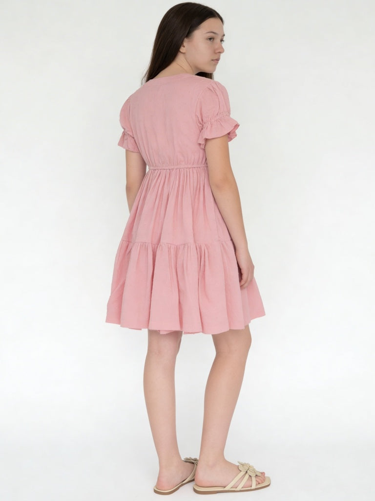 Utsa Kids Girls Pink Embroidered Cotton-Blend Tiered Dress - ( 8-14 yrs)