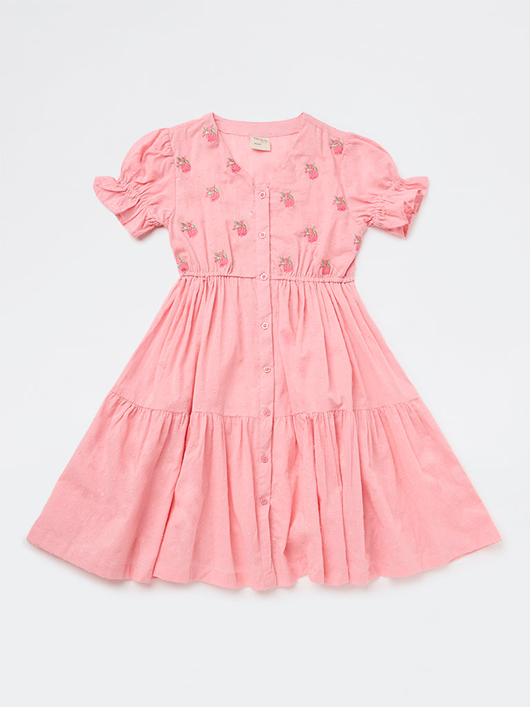 Utsa Kids Girls Pink Embroidered Cotton-Blend Tiered Dress - ( 8-14 yrs)