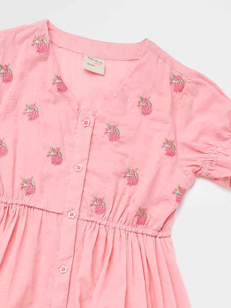 Utsa Kids Girls Pink Embroidered Cotton-Blend Tiered Dress - ( 8-14 yrs)
