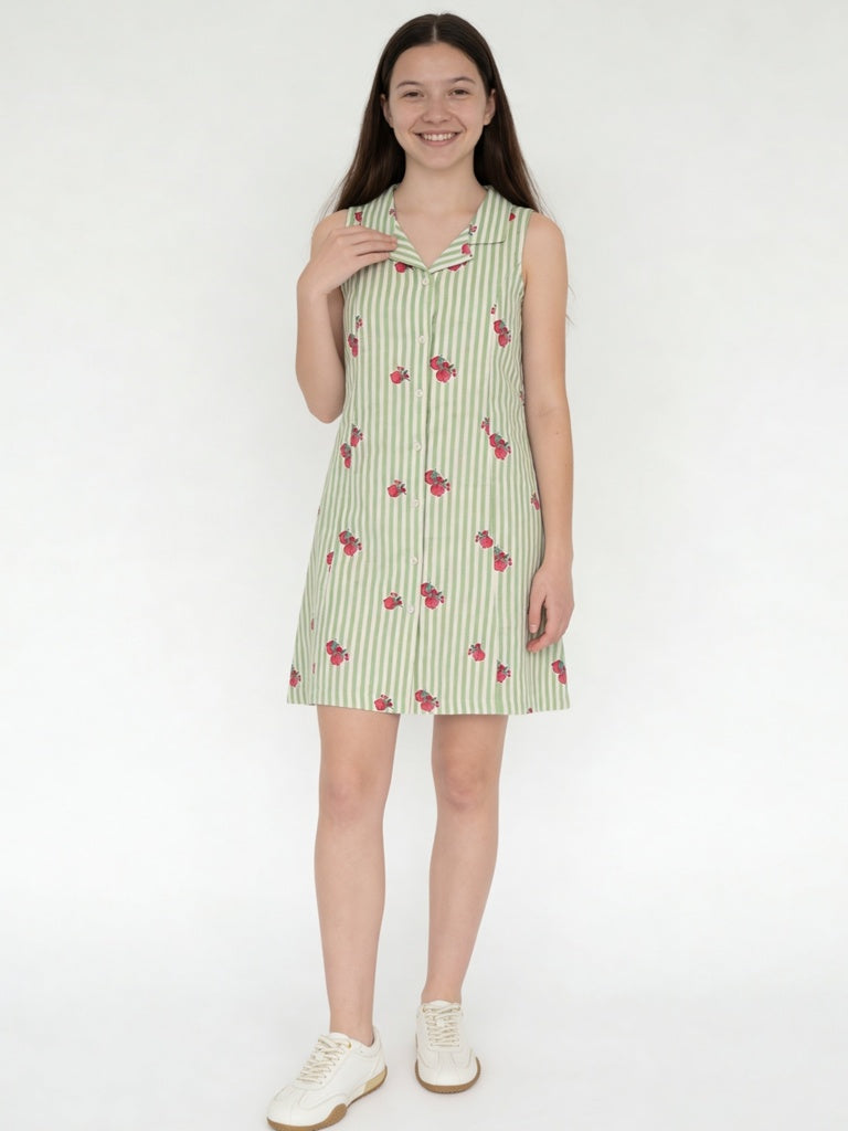 Utsa Kids Girls Green Striped Cotton A-Line Dress - (8-14 yrs)