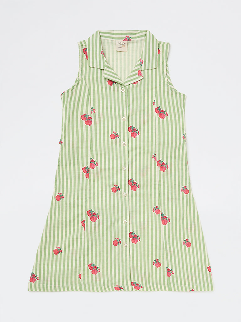 Utsa Kids Girls Green Striped Cotton A-Line Dress - (8-14 yrs)
