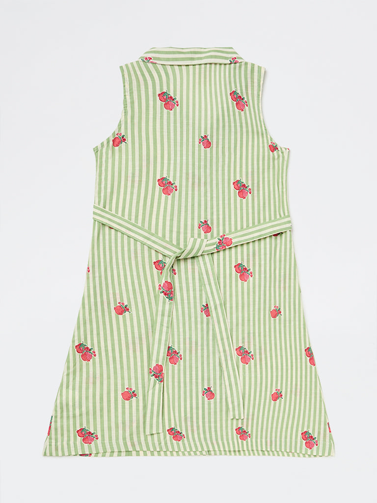 Utsa Kids Girls Green Striped Cotton A-Line Dress - (8-14 yrs)