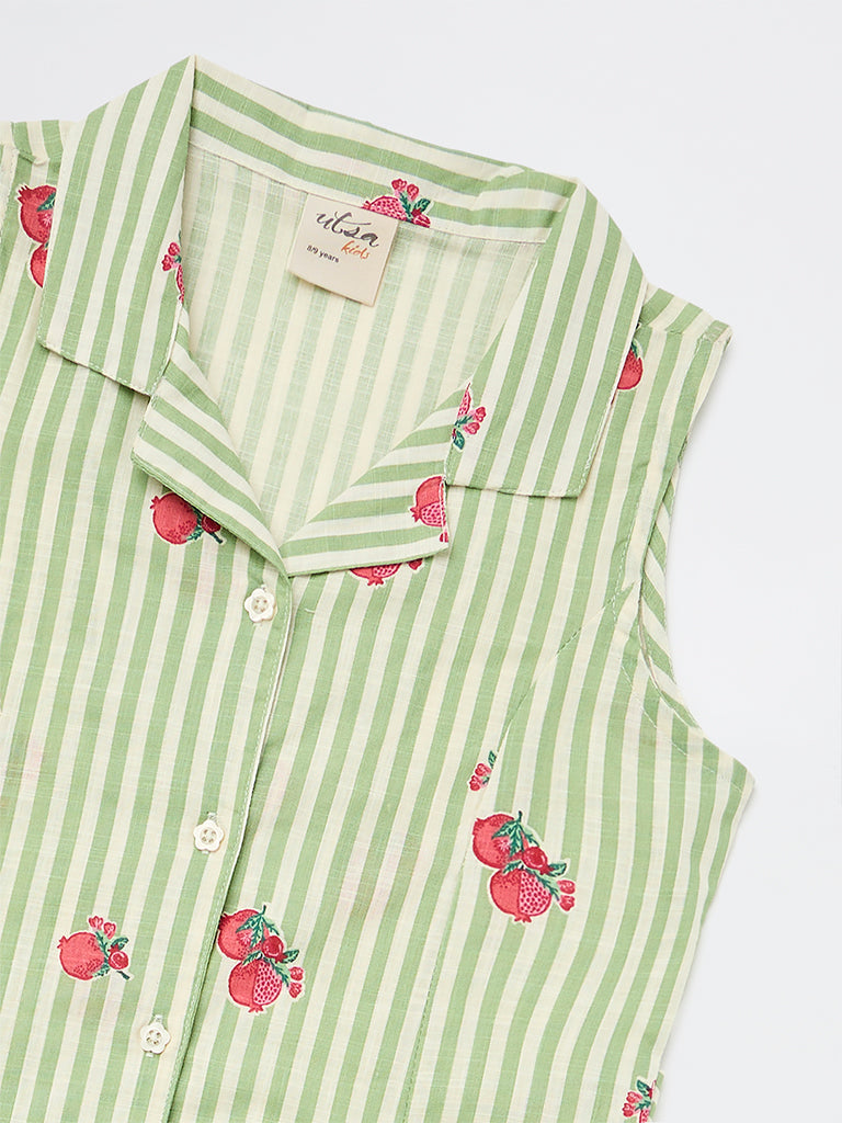 Utsa Kids Girls Green Striped Cotton A-Line Dress - (8-14 yrs)