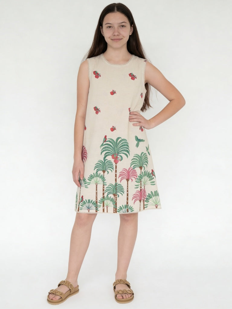 Utsa Kids Girls Off-White Nature-Inspired Cotton-Blend Shift Dress - (8-14 yrs)