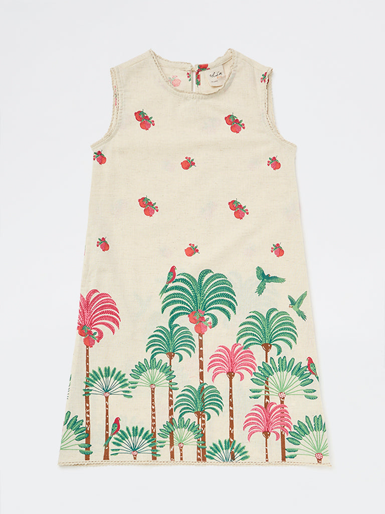 Utsa Kids Girls Off-White Nature-Inspired Cotton-Blend Shift Dress - (8-14 yrs)