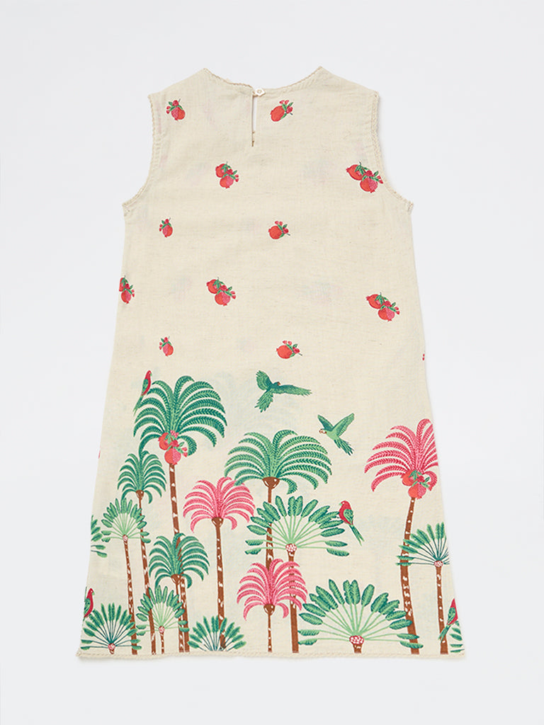 Utsa Kids Girls Off-White Nature-Inspired Cotton-Blend Shift Dress - (8-14 yrs)