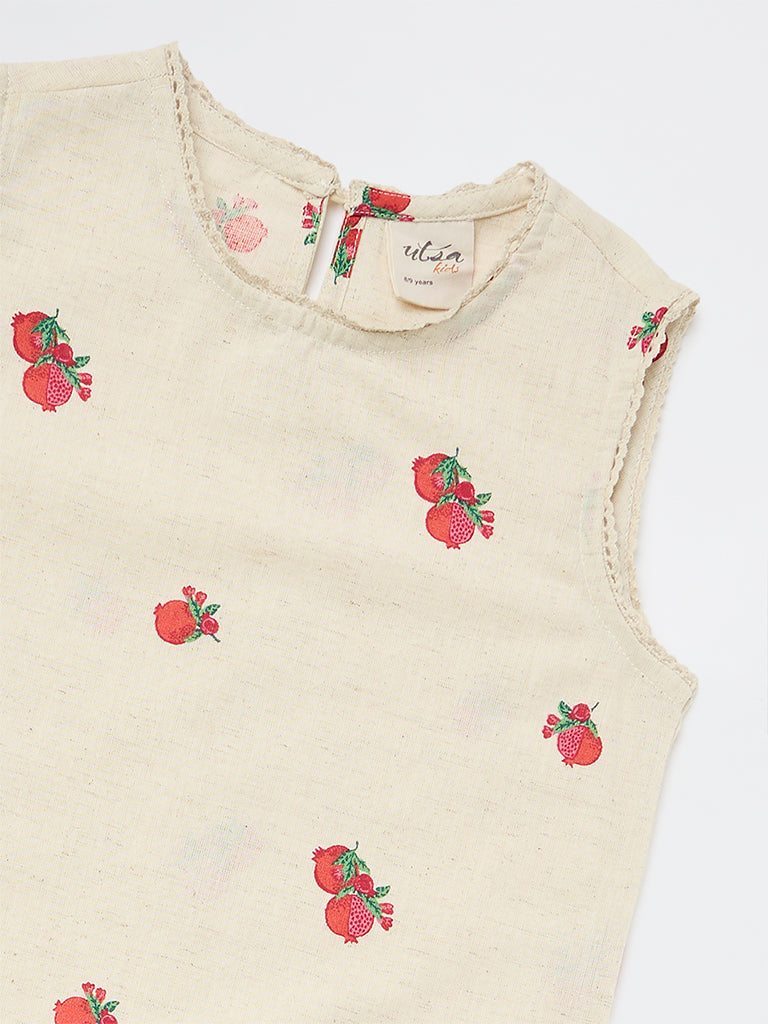 Utsa Kids Girls Off-White Nature-Inspired Cotton-Blend Shift Dress - (8-14 yrs)