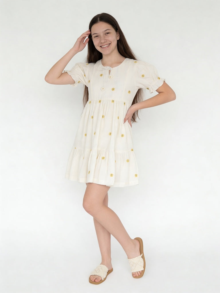 Utsa Kids Girls White Floral Embroidered Cotton-Blend Dress - (8-14 yrs)