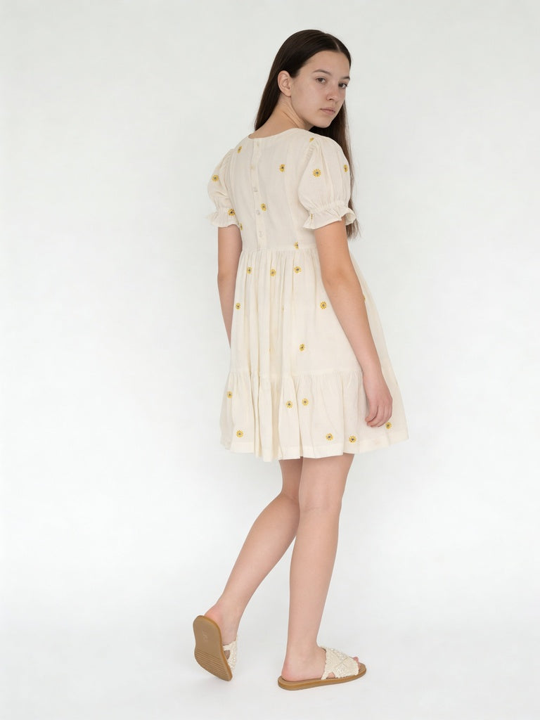 Utsa Kids Girls White Floral Embroidered Cotton-Blend Dress - (8-14 yrs)