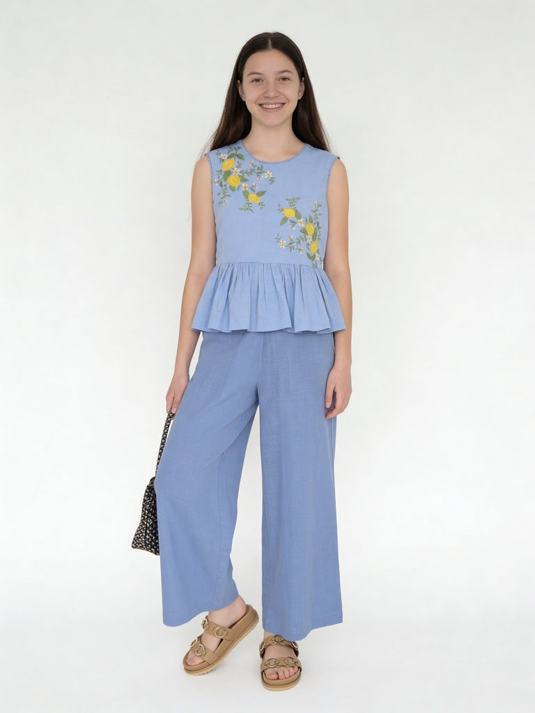 Utsa Kids Girls Blue Embroidered Cotton Peplum Top - (8-14 yrs)