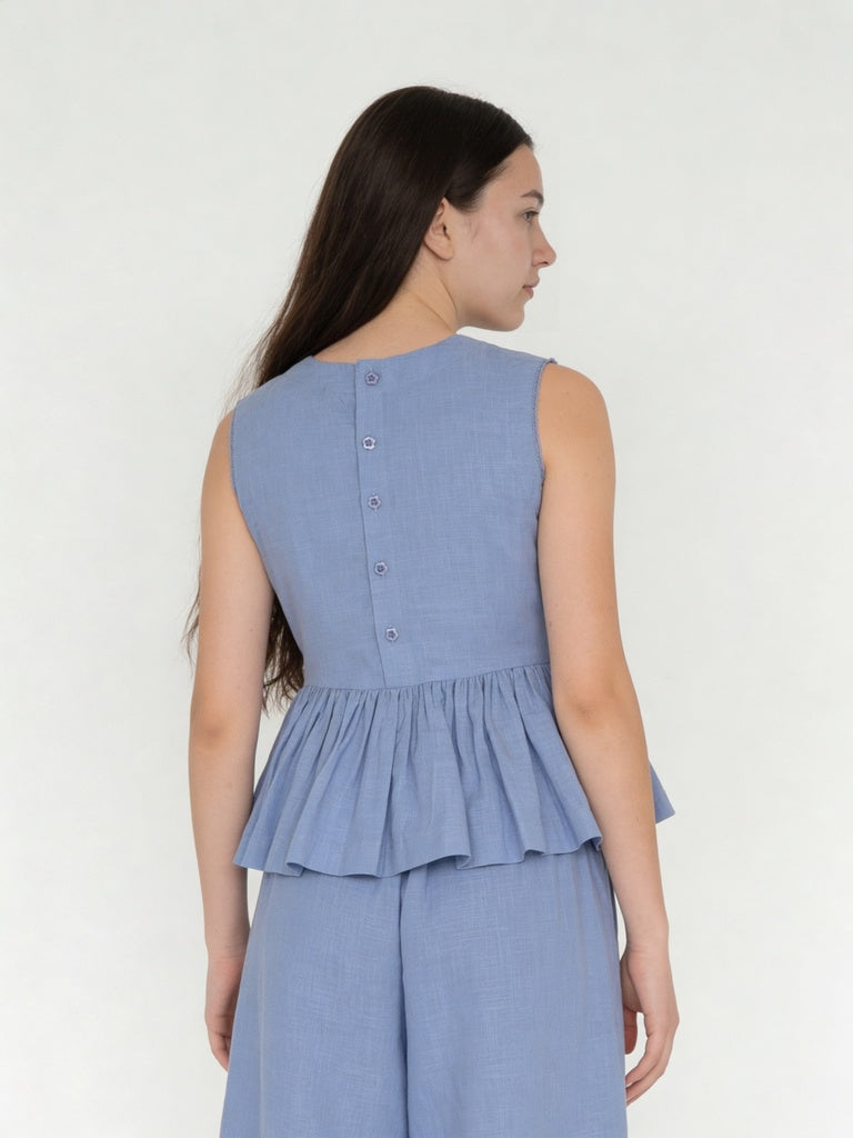 Utsa Kids Girls Blue Embroidered Cotton Peplum Top - (8-14 yrs)