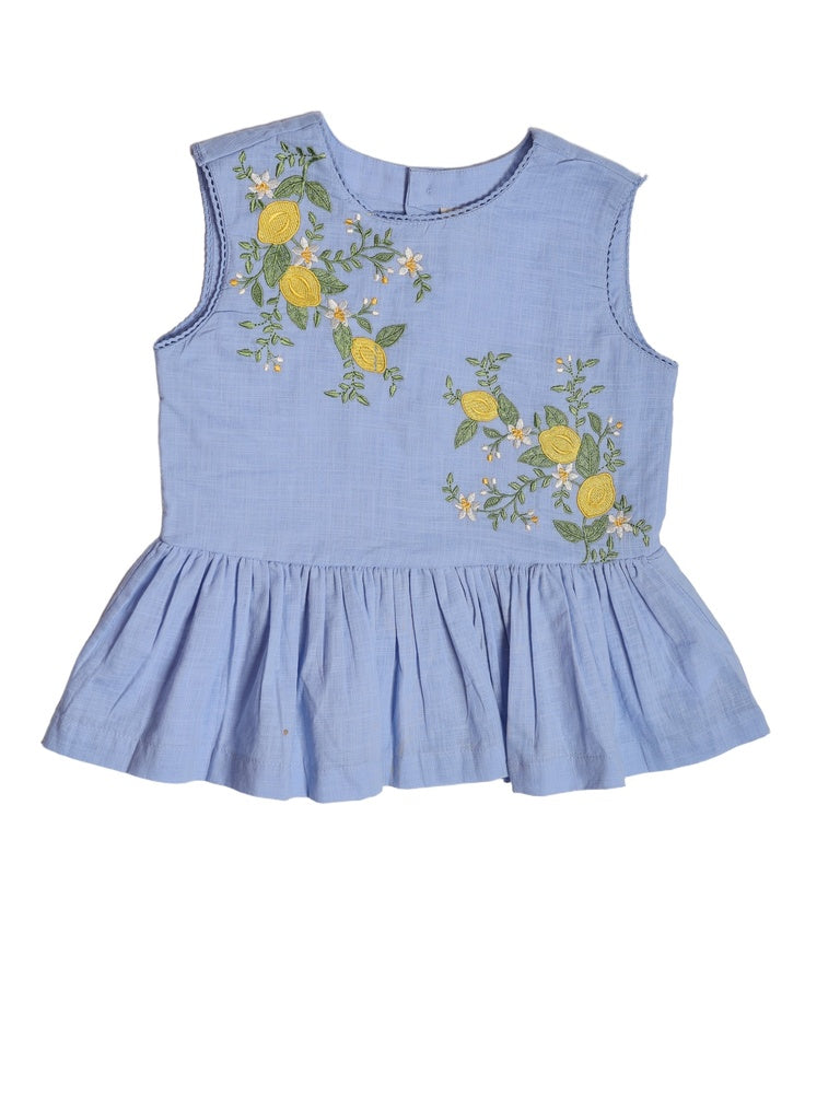 Utsa Kids Girls Blue Embroidered Cotton Peplum Top - (8-14 yrs)