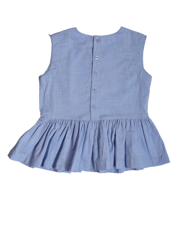 Utsa Kids Girls Blue Embroidered Cotton Peplum Top - (8-14 yrs)