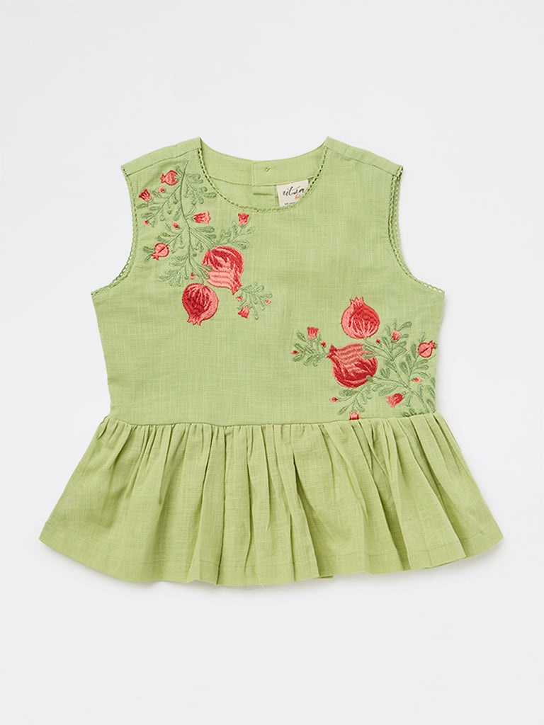 Utsa Kids Girls Light Green Embroidered Cotton Peplum Top - ( 8-14 yrs )