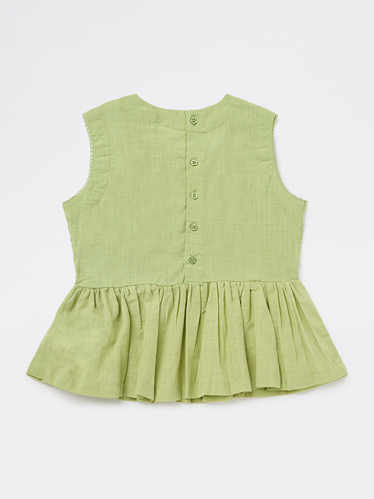 Utsa Kids Girls Light Green Embroidered Cotton Peplum Top - ( 8-14 yrs )