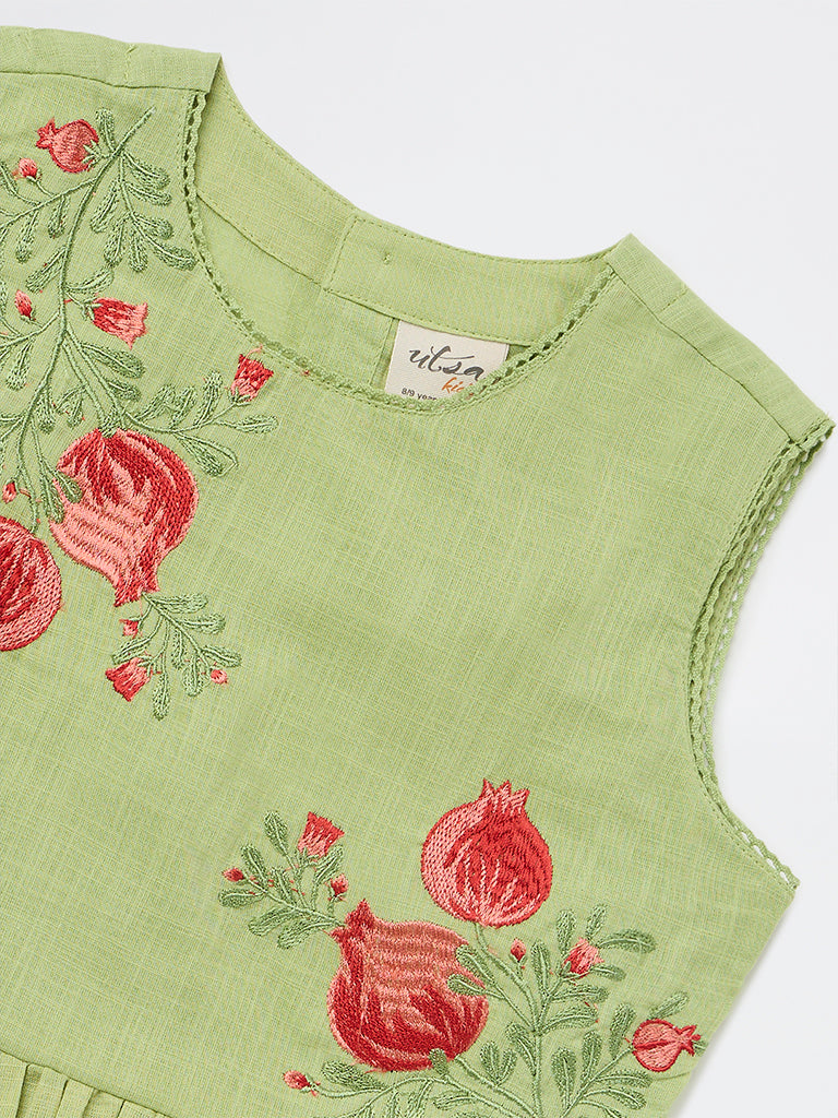Utsa Kids Girls Light Green Embroidered Cotton Peplum Top - ( 8-14 yrs )