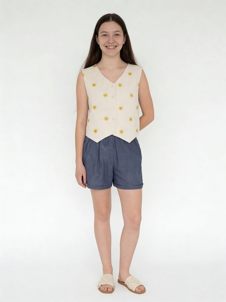 Utsa Kids Girls White Embroidered Cotton-Blend Waistcoat - (8-14 yrs)