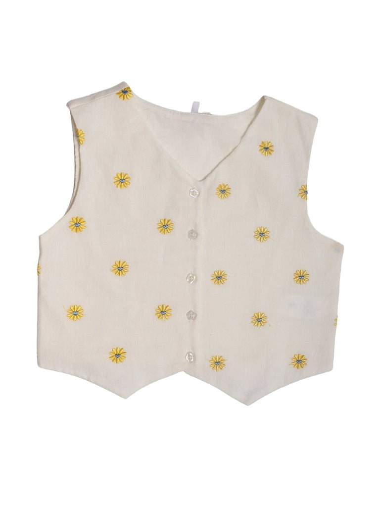 Utsa Kids Girls White Embroidered Cotton-Blend Waistcoat - (8-14 yrs)