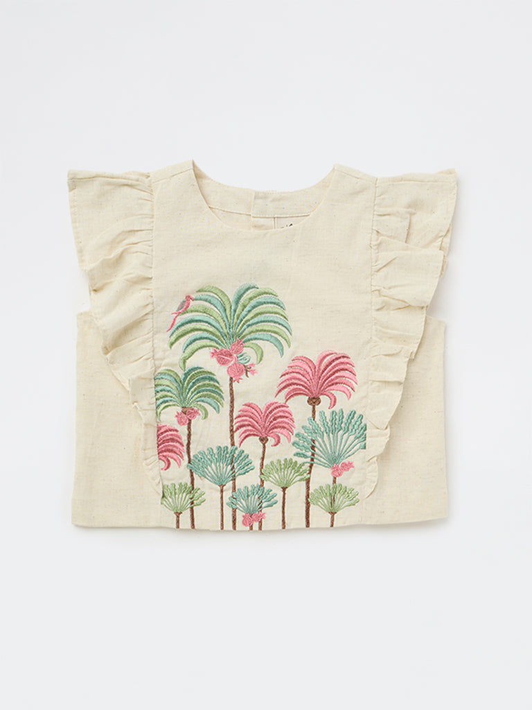 Utsa Kids Girls Off-White Embroidered Cotton-Blend Top - ( 2-8 yrs)