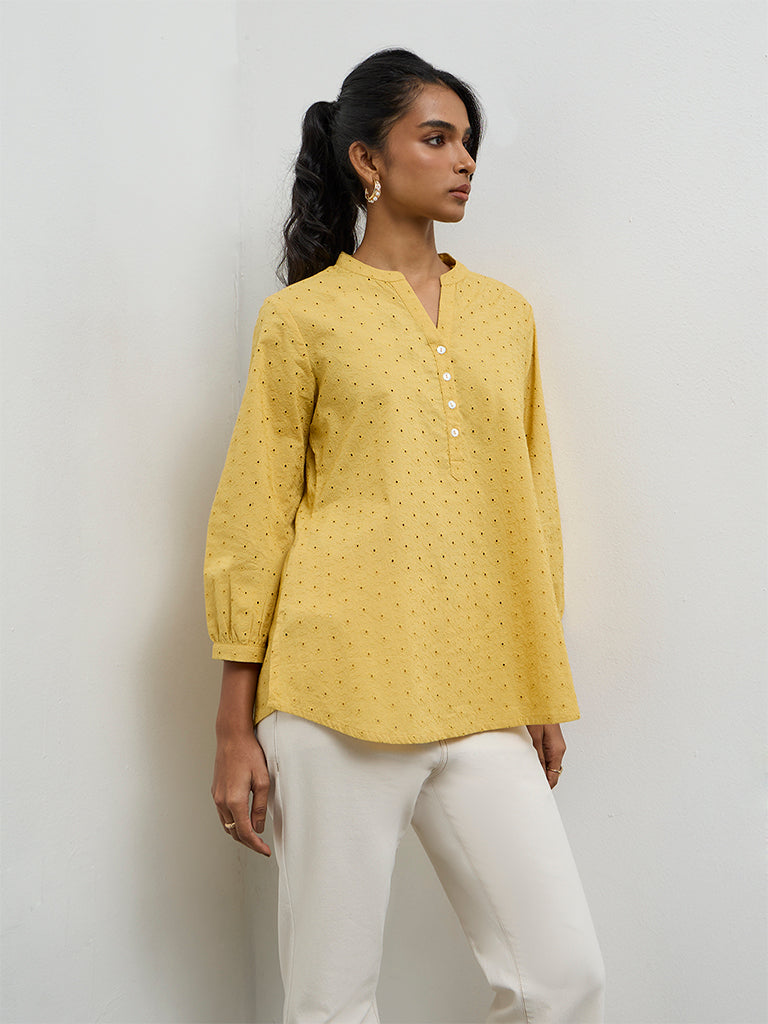 Utsa Yellow Floral Schiffli Detailed Tunic