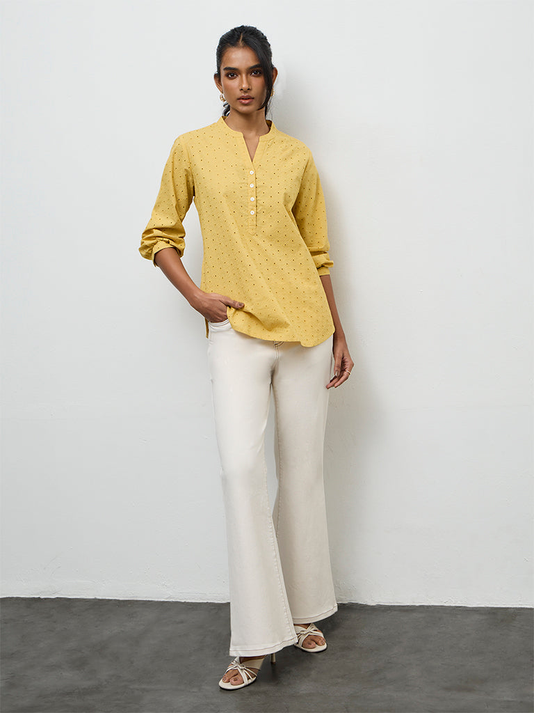 Utsa Yellow Floral Schiffli Detailed Tunic