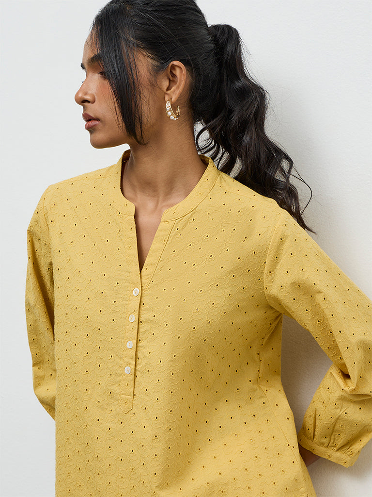 Utsa Yellow Floral Schiffli Detailed Tunic