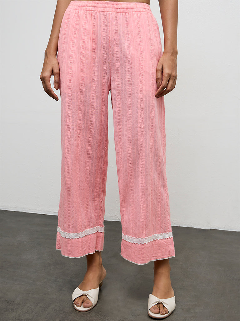Utsa Pink Embroidered Cotton Pants
