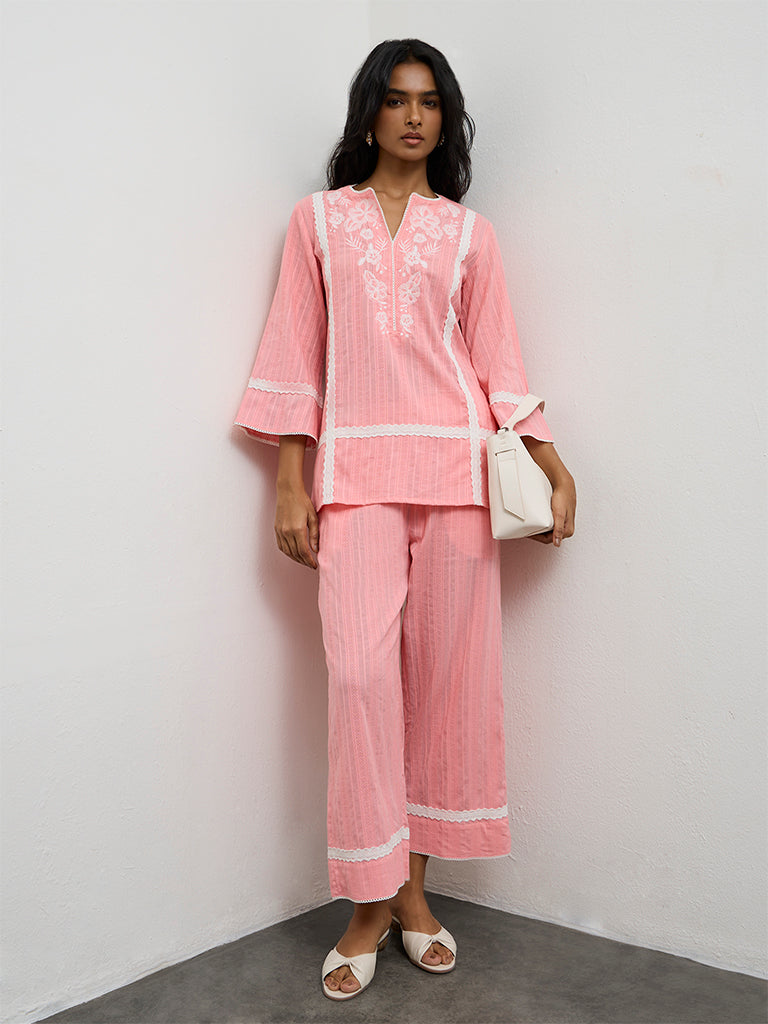 Utsa Pink Embroidered Cotton Pants