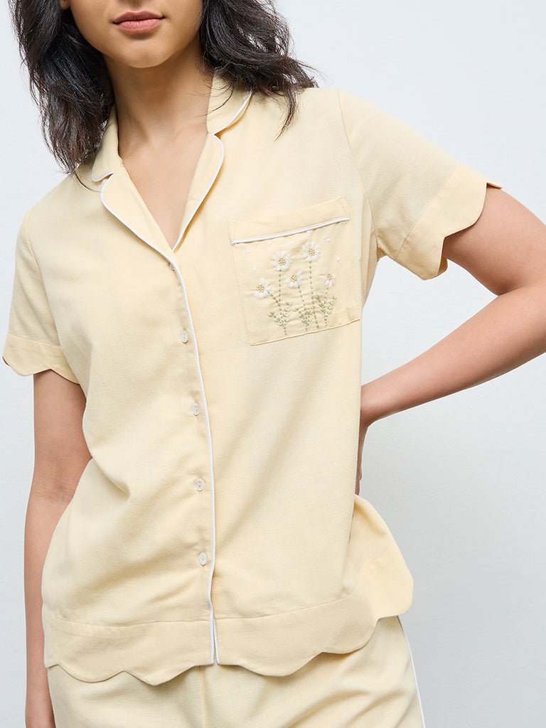 Wunderlove Yellow Embroidered Cotton Shirt and Shorts Set