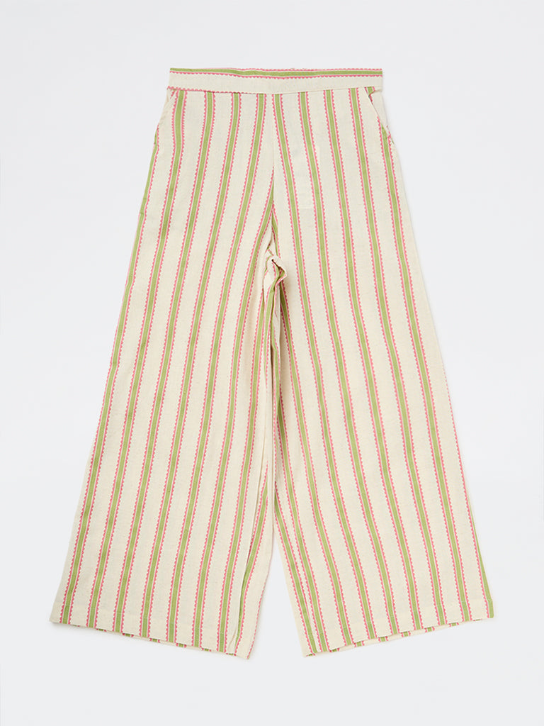 Utsa Kids Girls Off-White Striped Cotton-Blend Ethnic Pants - (8-14 yrs)