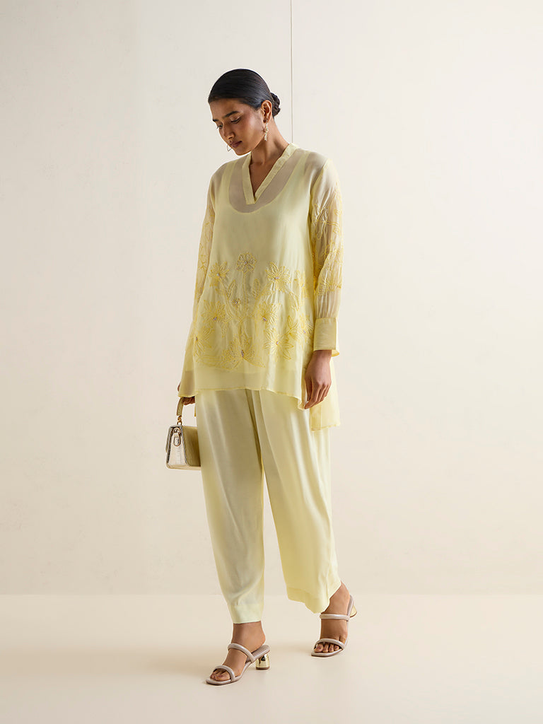 Vark Yellow Floral Embroidered Co-ord Set