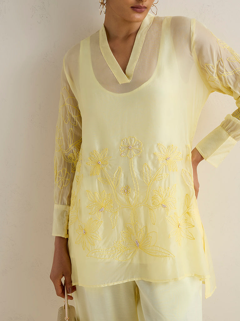Vark Yellow Floral Embroidered Co-ord Set