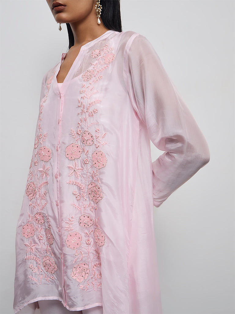 Vark Pink Cotton-Blend Sheer Ethnic Set with Inner