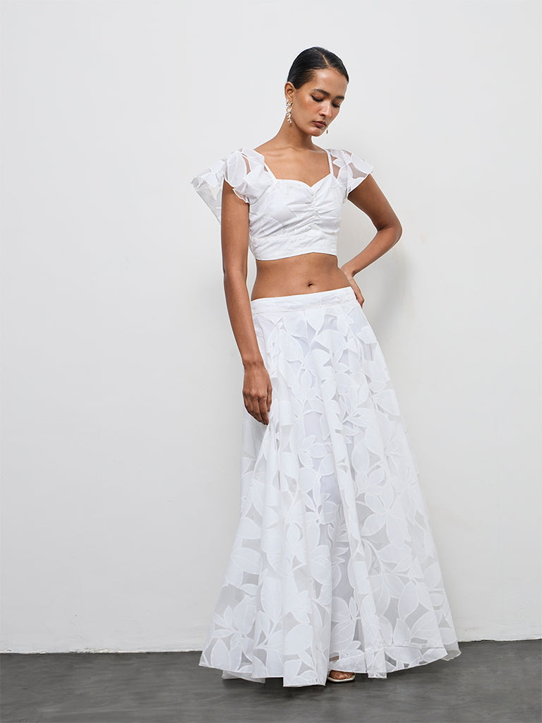 Vark White Botanical Printed Cotton-Blend Skirt