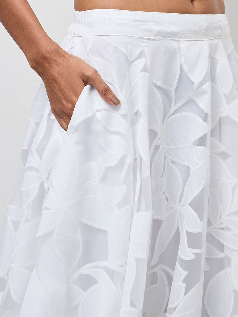 Vark White Botanical Printed Cotton-Blend Skirt