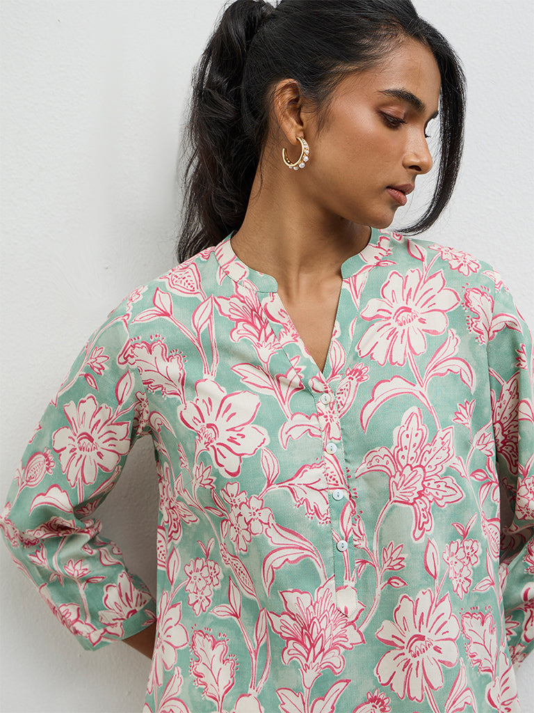 Utsa Teal Floral Printed Tunic